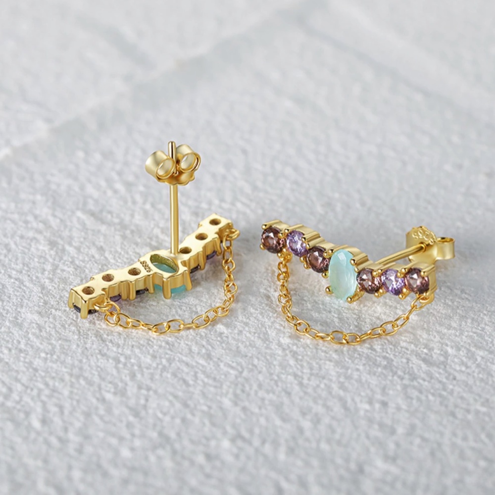 Sterling Silver Gold Toned Colorful Zircon Chain Earrings - Picture 5 of 6